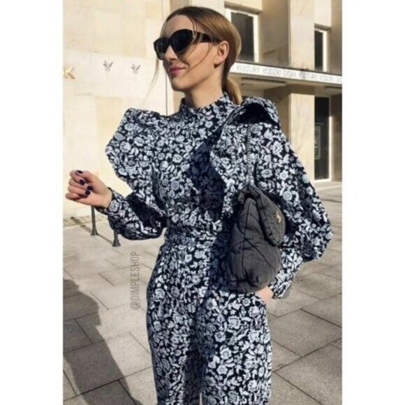 Zara Floral Poplin Ruffle Jumpsuit XS Blue Belted SS20 Blogger Fav TRF - Picture 1 of 15
